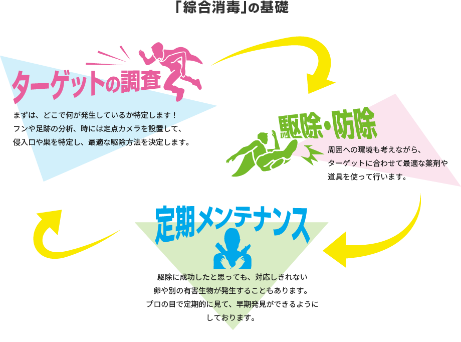 「綜合消毒」の基礎　1.ターゲットの調査　まずは、どこで何が発生しているか特定します！フンや足跡の分析、時には定点カメラを設置して、侵入口や巣を特定し、最適な駆除方法を決定します。　2.駆除・防除　周囲への環境も考えながら、ターゲットに合わせて最適な薬剤や道具を使って行います。　3.定期メンテナンス　駆除に成功したと思っても、対応しきれない卵や別の有害生物が発生することもあります。プロの目で定期的に見て、早期発見ができるようにしております。